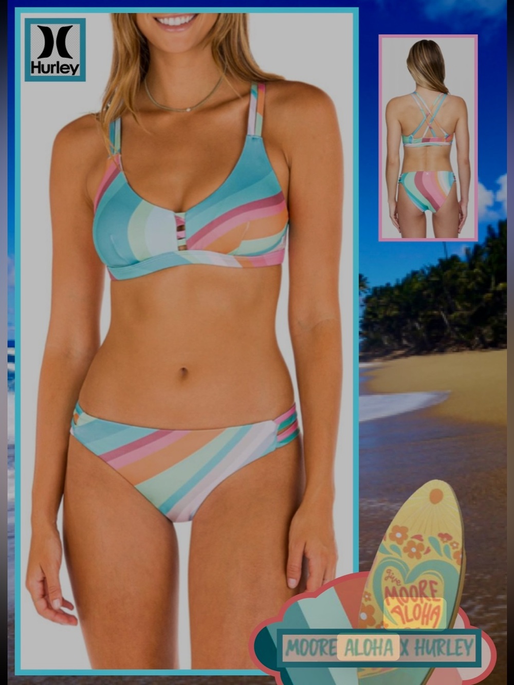 NWT 🌊 HURLEY x Moore Aloha Max Retro Wave Mod Coverage Bikini Top/Bottom Small